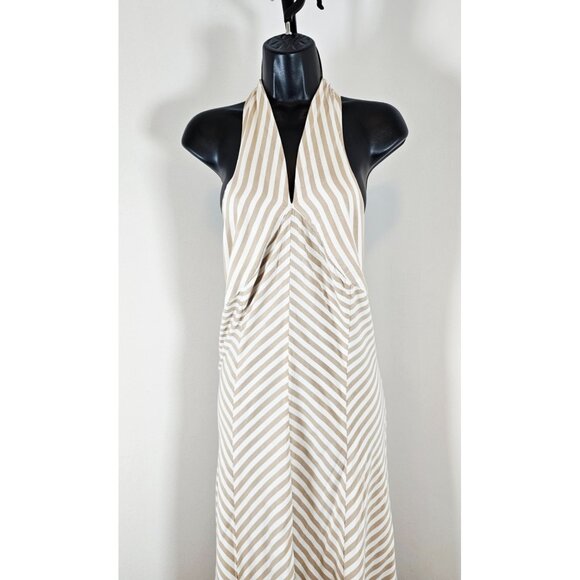 New York and Company Khaki Striped Halter Top Backless Maxi Dress - SZ 2XL - Picture 2 of 8